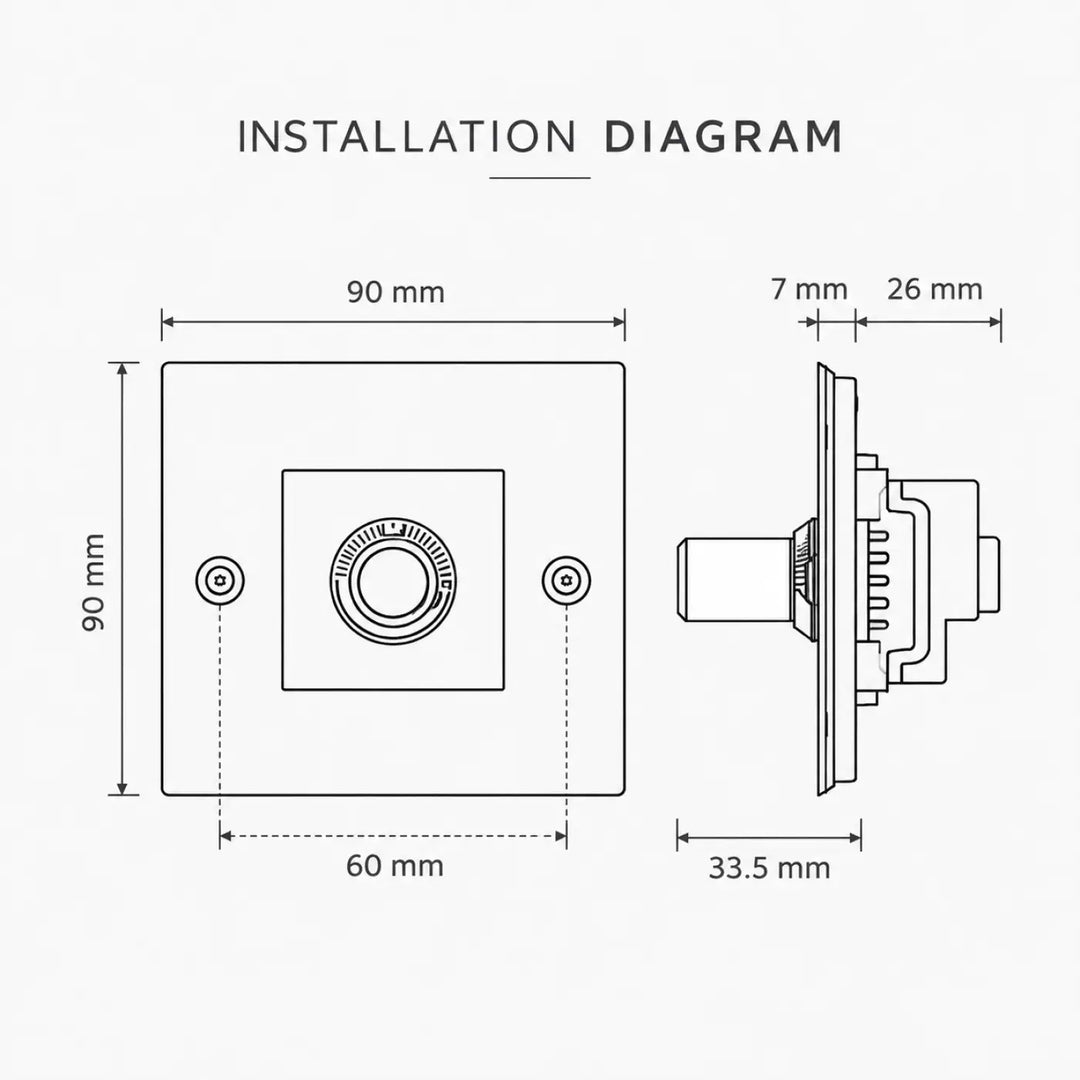 Variater dimmer 90 mm carré mural avec bouton rotatif circulaire et trous de fixation pour montage linéaire 120w #couleur_noir