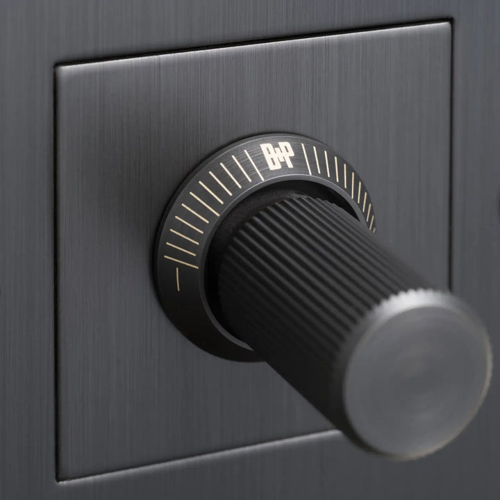 Détail du variateur Dimmer à gravure alignée bronze fumé #couleur_gris